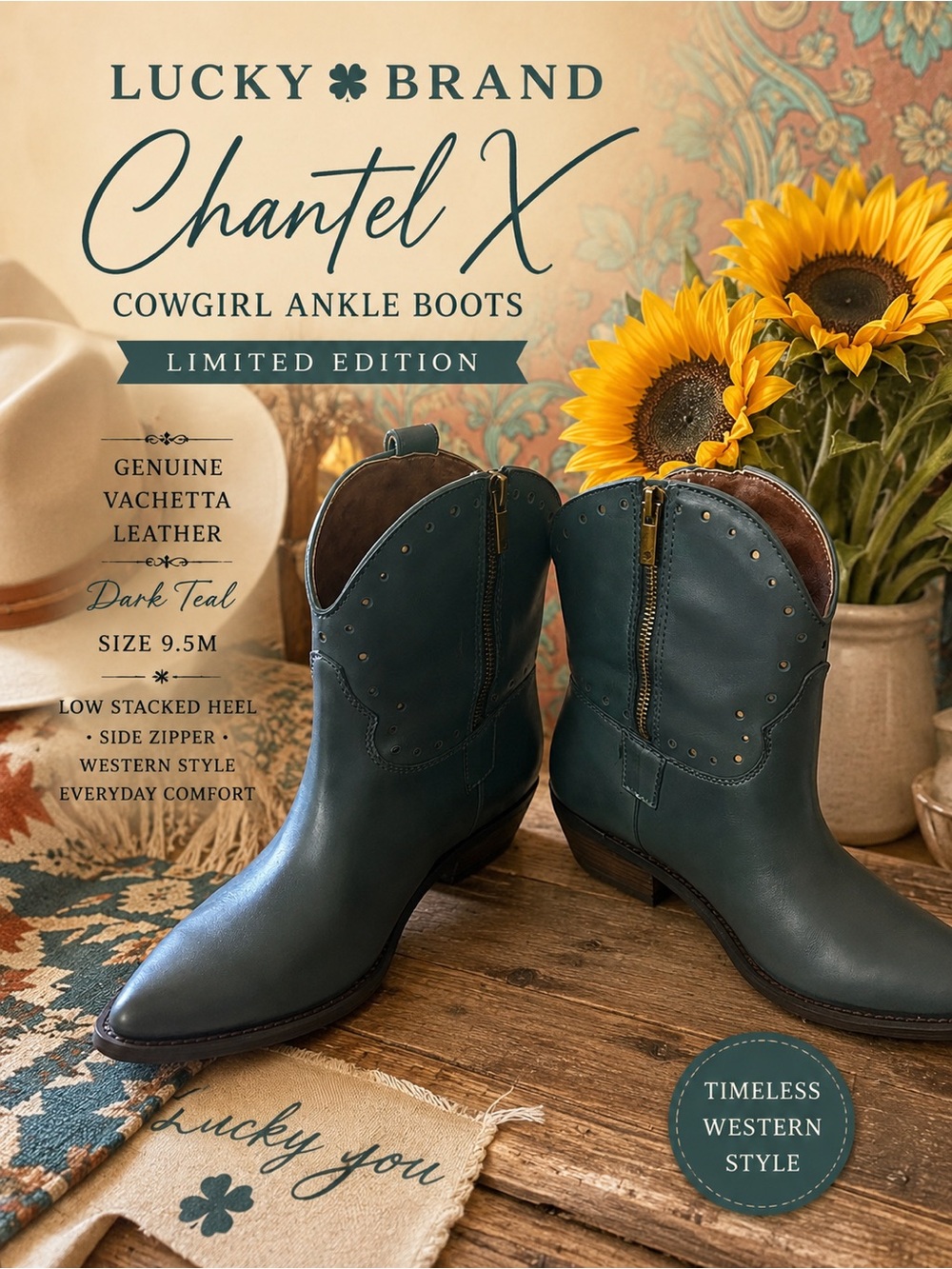 Lucky Brand Dark Teal Vachetta Leather Chantel X Western Cowgirl Ankle Boots